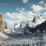 Winter View of El Capitan, Bridal Veil Falls and Half Dome seen from the Tunnel view in Yosemite National Park
