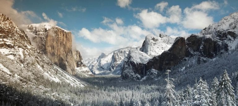 Winter View of El Capitan, Bridal Veil Falls and Half Dome seen from the Tunnel view in Yosemite National Park