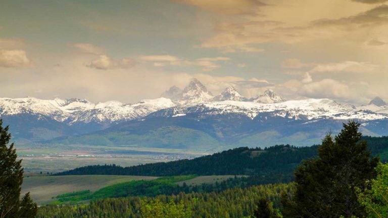 View of Grand Tetons from Teton Timbers Ranch near Driggs, Idaho