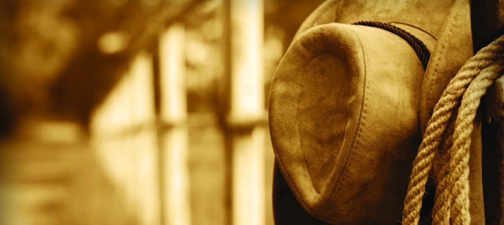 cowboy hat and rope on fence