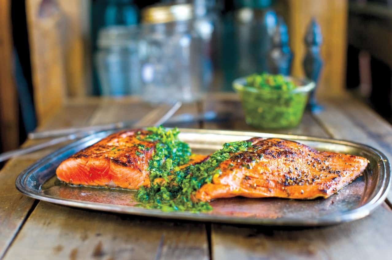 Plancha-Grilled Salmon with Fresh Basil Chimichurri