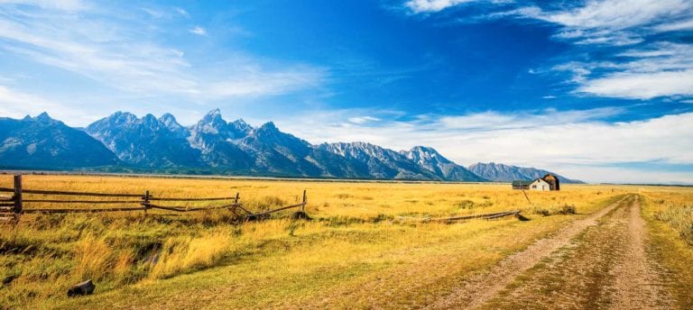 View of ranch and mountains in Wyoming