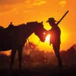 Cowboy with rifle caressing horse