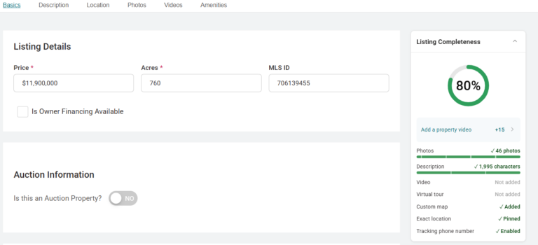 Land.com Marketing Hub Listing Completeness Score example