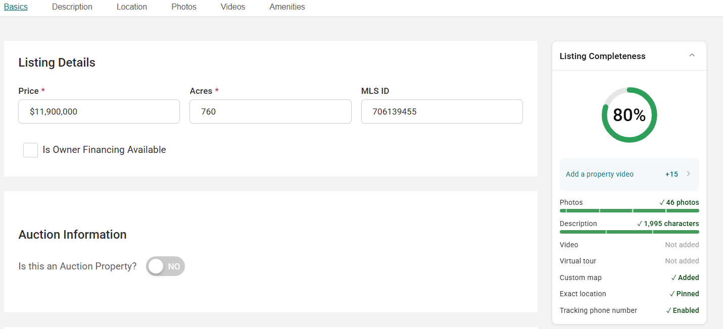 Land.com Marketing Hub Listing Completeness Score example